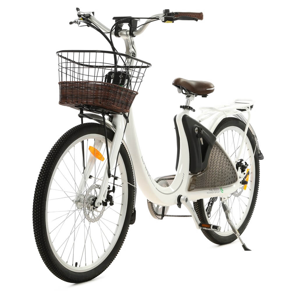 Ecotric 26inch White Lark Electric City Bike For Women with basket and rear rack