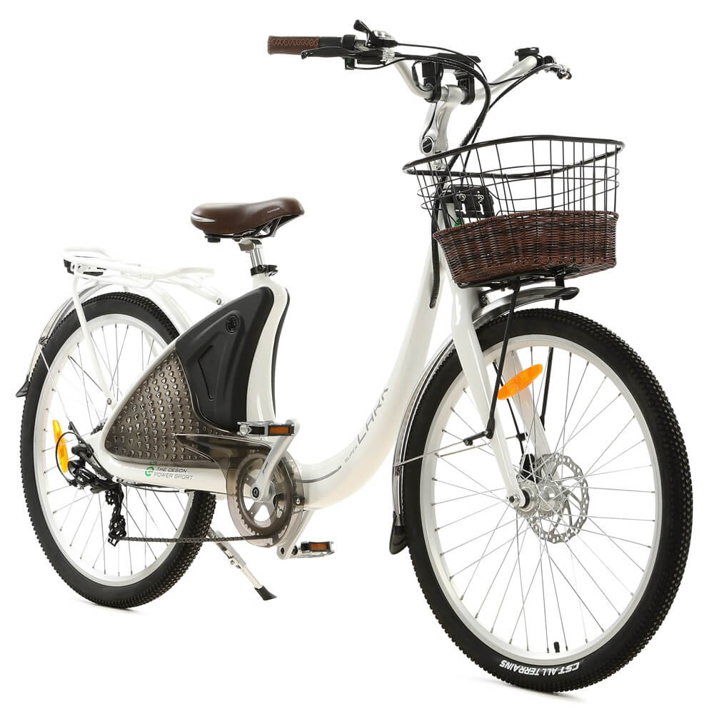 Ecotric 26inch White Lark Electric City Bike For Women with basket and rear rack