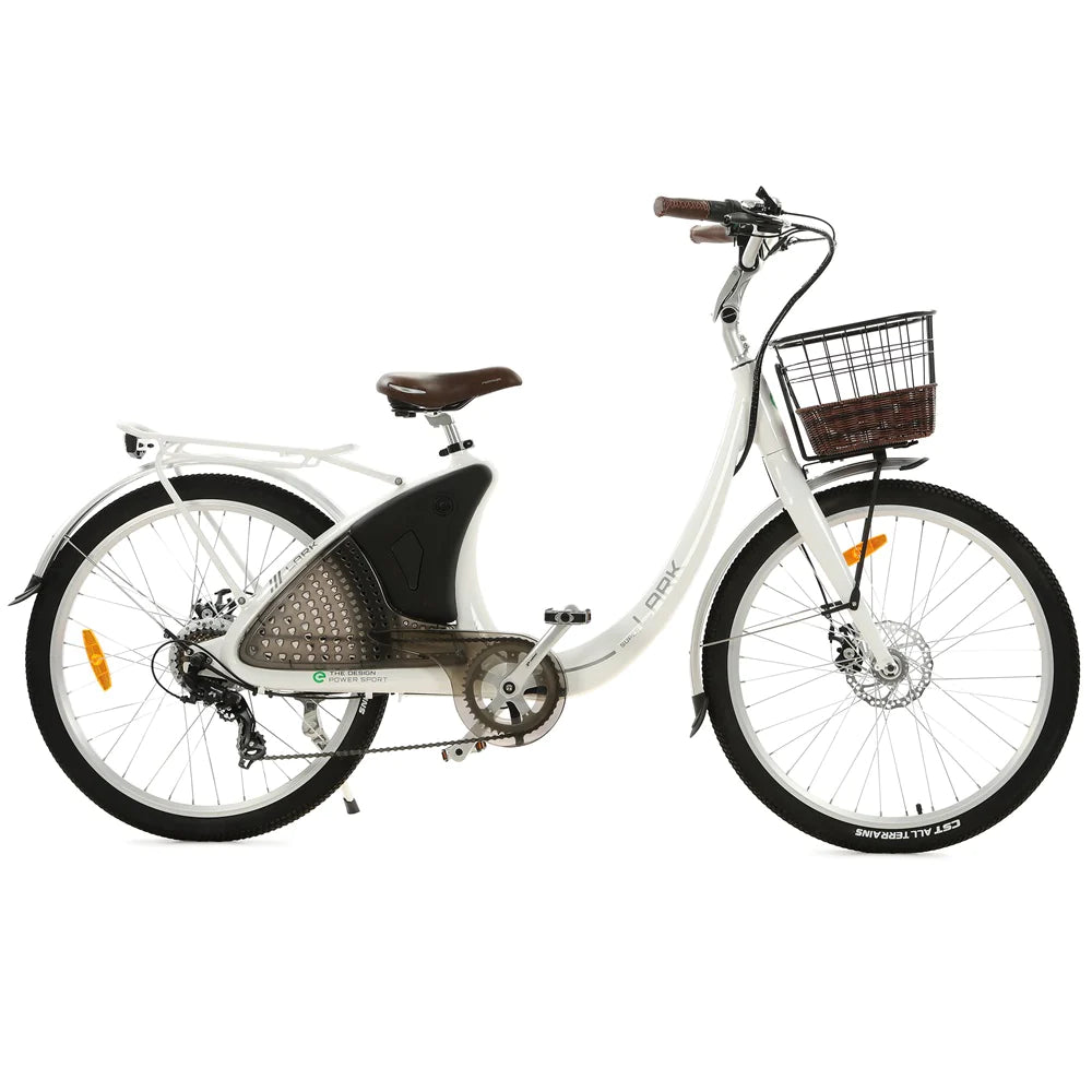 Ecotric 26inch White Lark Electric City Bike For Women with basket and rear rack