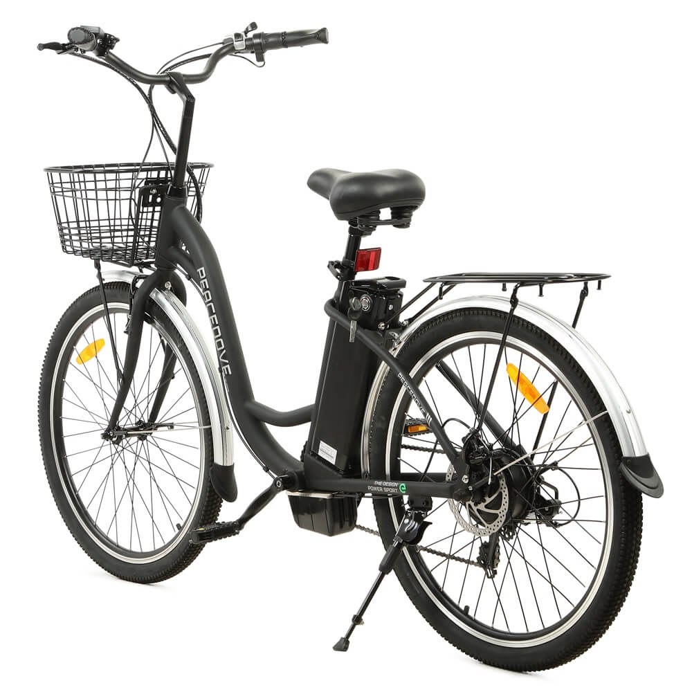 Ecotric 26inch Black Peacedove electric city bike with basket and rear rack