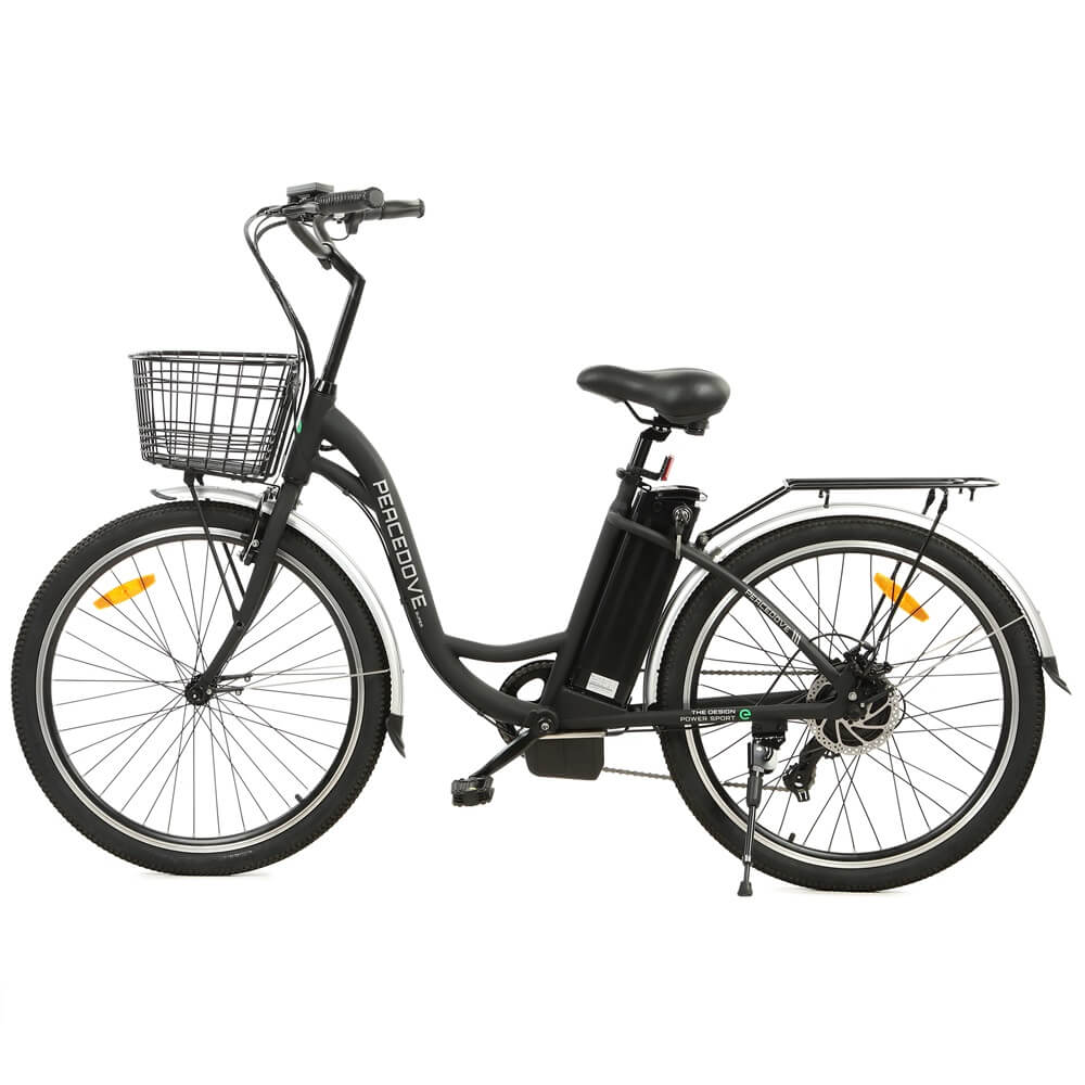 Ecotric 26inch Black Peacedove electric city bike with basket and rear rack