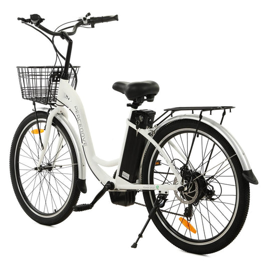 Ecotric 26inch White Peacedove electric city bike with basket and rear rack