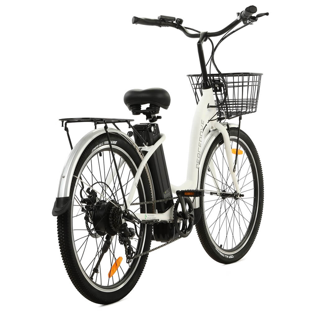 Ecotric 26inch White Peacedove electric city bike with basket and rear rack