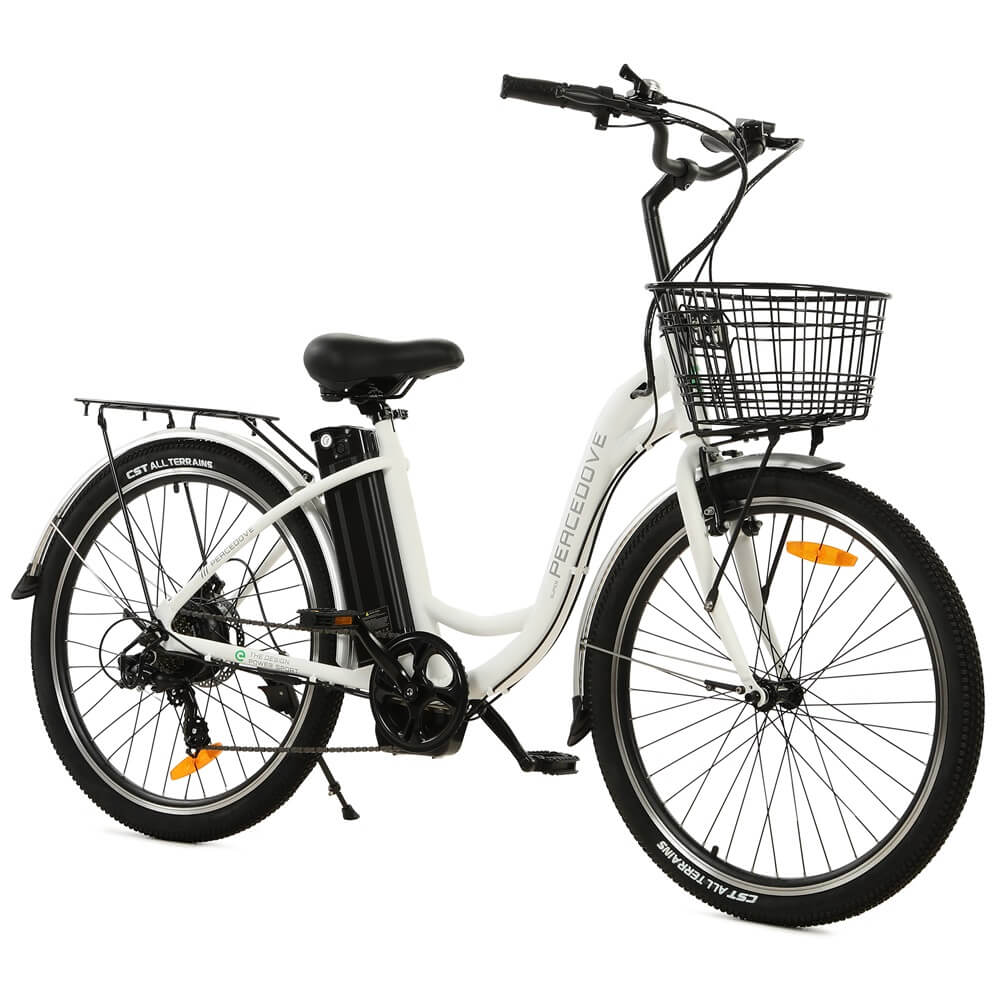 Ecotric 26inch White Peacedove electric city bike with basket and rear rack