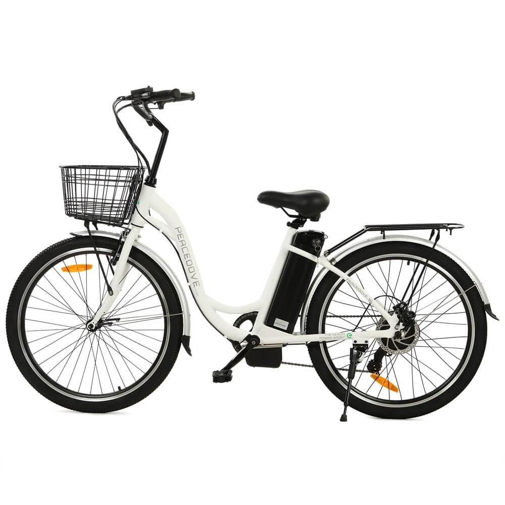 Ecotric 26inch White Peacedove electric city bike with basket and rear rack